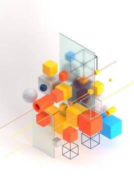 Soyut 3d görüntüleme arkaplanı, geometrik şekillerin izometrik modern bileşiminin şablonu. Küp, küre, silindir, çizgi.