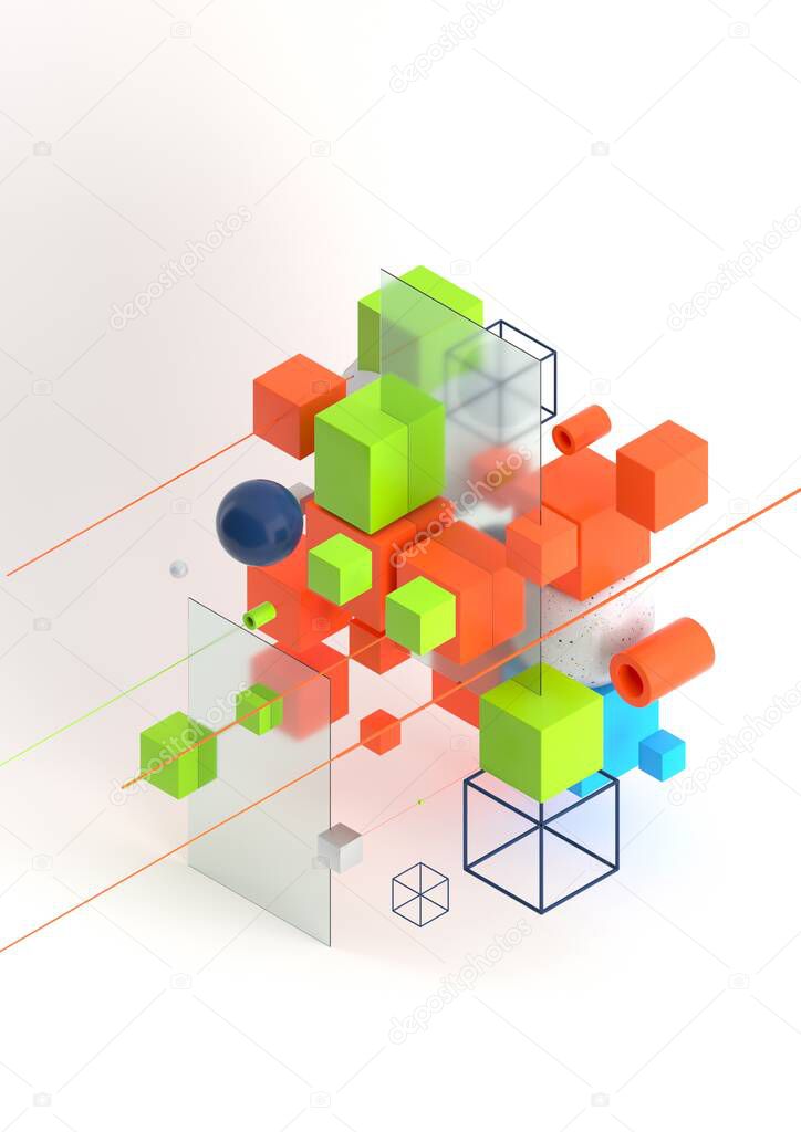 Abstract 3d render visualization background, template modern composition of geometric shapes in isometric . Cube, sphere, cylinder, line.