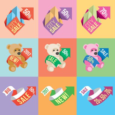 Banners and stickers containing information about sales and discounts, with Some of the elements of 2D and 3D. The flat style. clipart