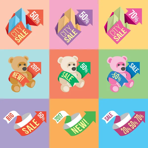 Banners en stickers met informatie over verkoop en kortingen, met enkele van de elementen van 2d en 3d. De vlakke stijl. — Stockvector