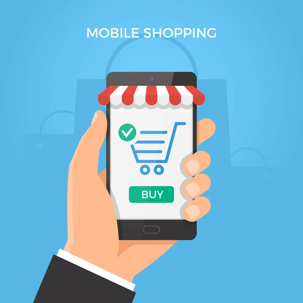 Mobilní on-line nákupní koncept. Ruka držící smartphone s nákupním košíkem a tlačítka na obrazovce. Vektorové ilustrace. — Stockový vektor