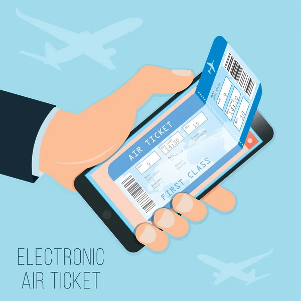 Het kopen van een ticket online e-ticket in de smartphone voor een vlucht in de eerste klas. — Stockvector