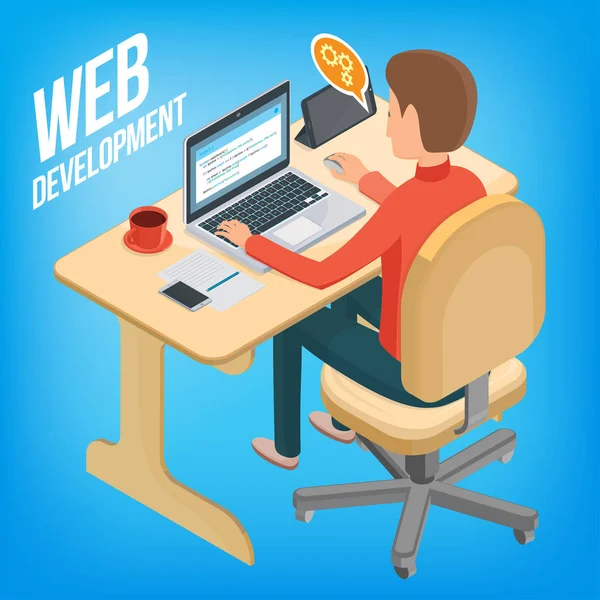 Isometric image wed development. Man sitting at his desk, workin — Stock Vector