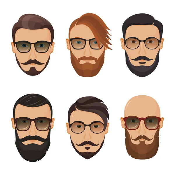 Hipsters barbudos homens com diferentes penteados, bigodes, barbas isoladas em fundo branco . —  Vetores de Stock