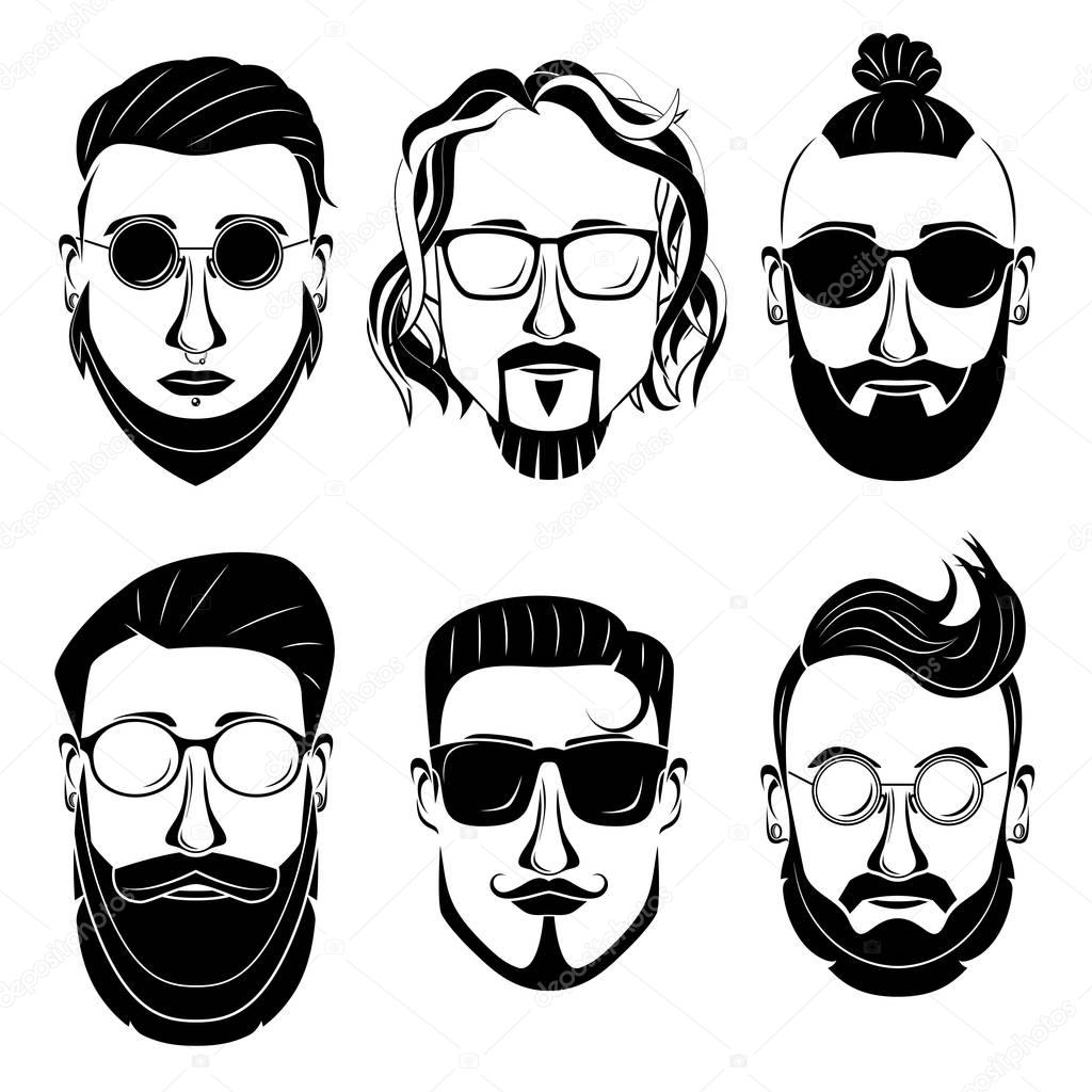 Hipsters bearded men with different hairstyles, mustaches, beards isolated on white background.