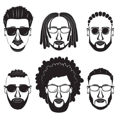 Hipsters Afrika erkeklerle farklı saç modelleri, sakallı bıyıklı