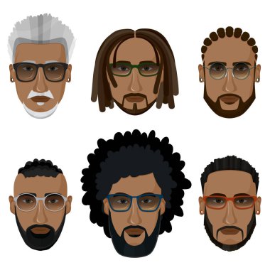 Hipsters Afrika erkeklerle farklı saç modelleri, sakallı bıyıklı