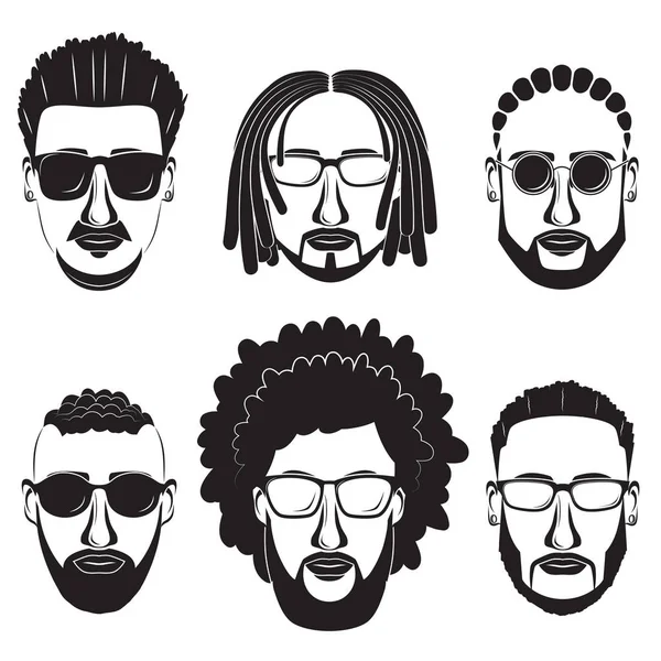 Hipsters bebaarde Afrikaanse mannen met verschillende kapsels, snor — Stockvector