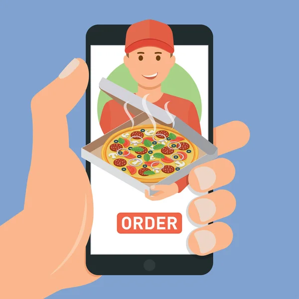 Servizio di consegna pizza. E-buy pizza utilizzando uno smartphone — Vettoriale Stock