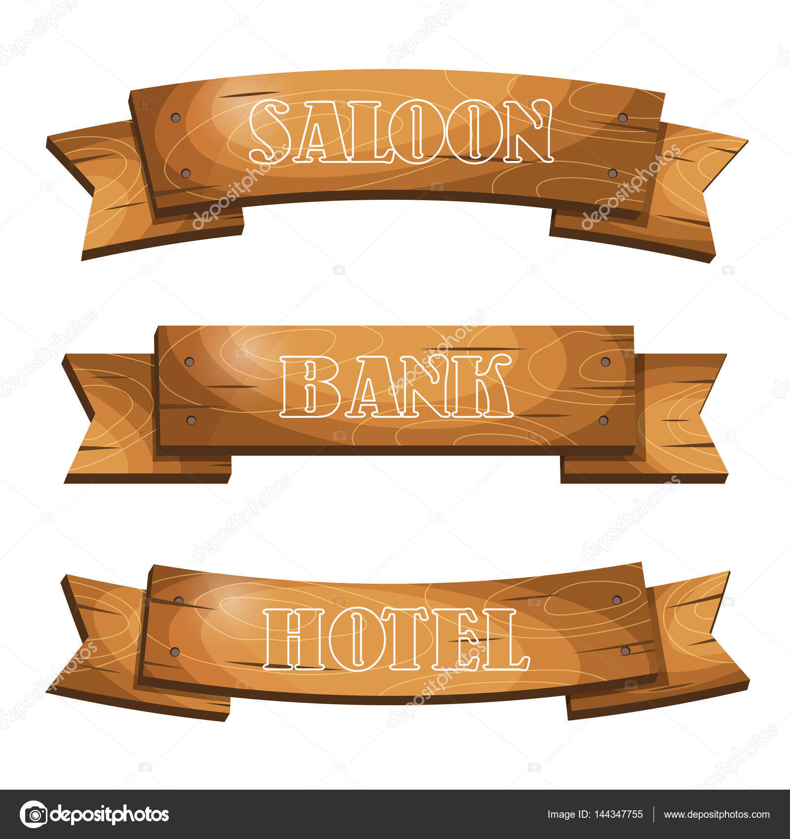 Western cartoon style hanging wooden signboards banners planks. — Stock