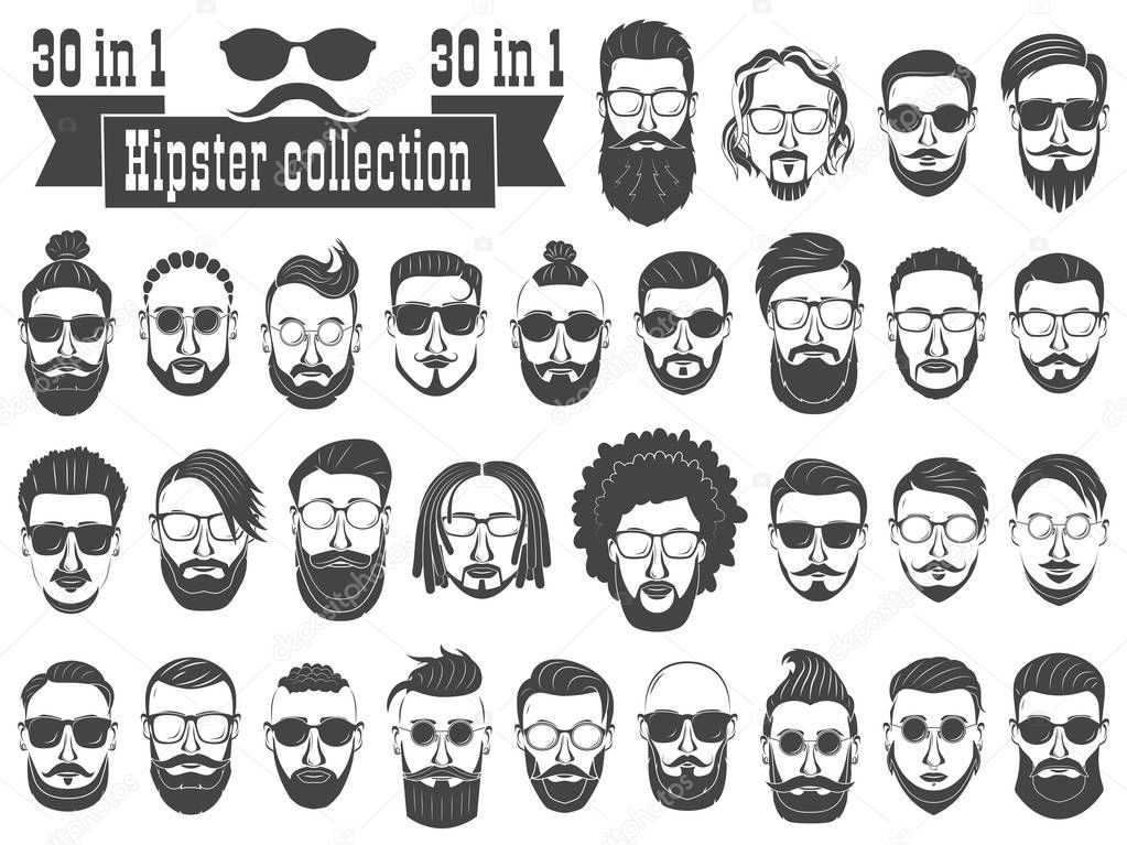 Superset of 30 hipsters bearded men with different hairstyles, m
