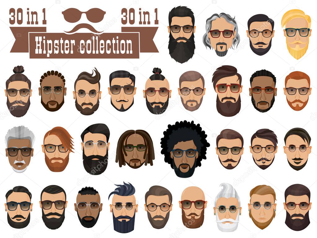 Superset of 30 hipsters bearded men with different hairstyles, m