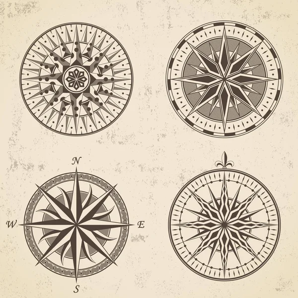Uppsättning av vintage antika vindros nautiska kompass skyltar etiketter e — Stock vektor