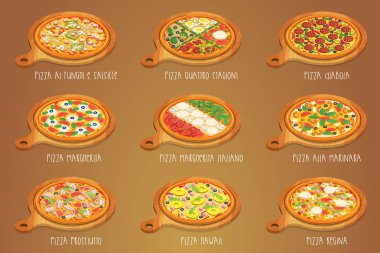 Kesme tahtası üzerinde İtalyan Pizza kümesi. 9 madde. Farklı tür.