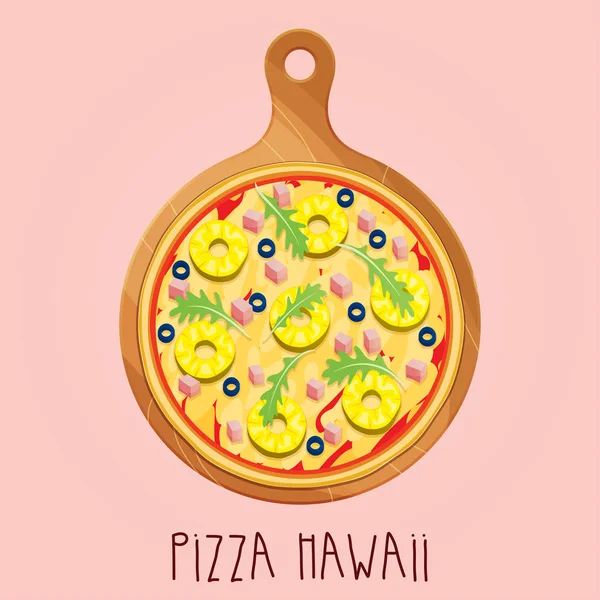 The real Pizza Hawaii on wooden board — Stock Vector