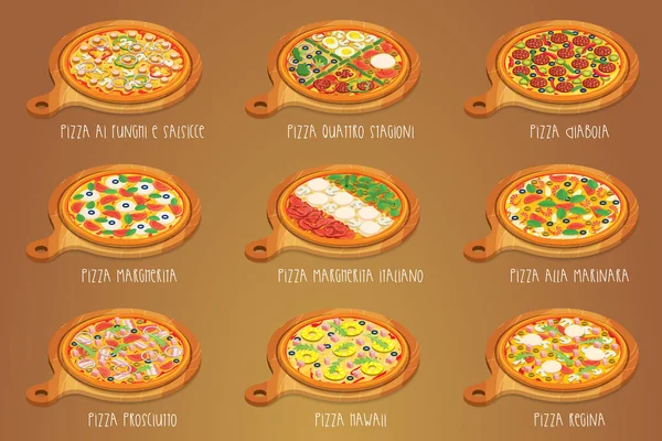 Set de Pizza Italiana en tabla de cortar. 9 artículo. Tipos diferentes . — Vector de stock