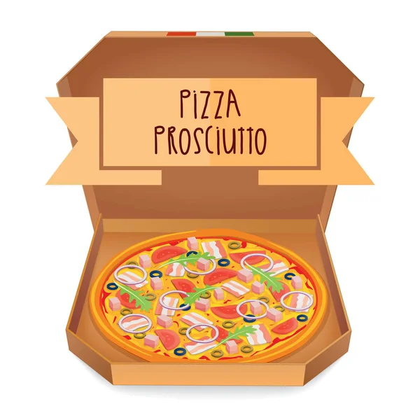El verdadero Pizza Prosciutt. Pizza italiana en caja . — Archivo Imágenes Vectoriales