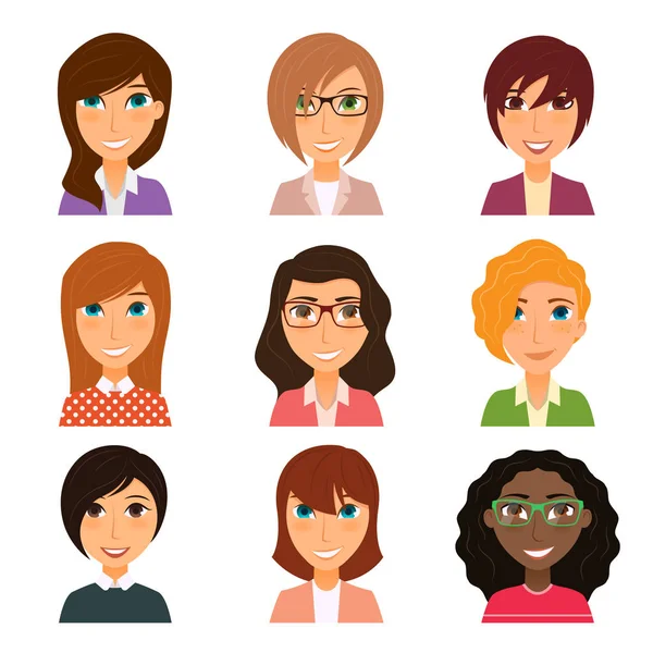 Collection of avatars of various young women characters — Stock Vector