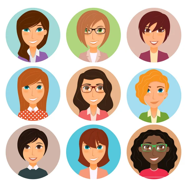 Kolekce avatarů různých postav mladých žen — Stockový vektor