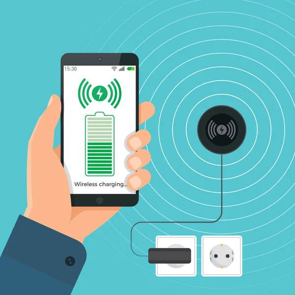 El proceso de carga inalámbrica de un teléfono inteligente utilizando un dispositivo . — Archivo Imágenes Vectoriales