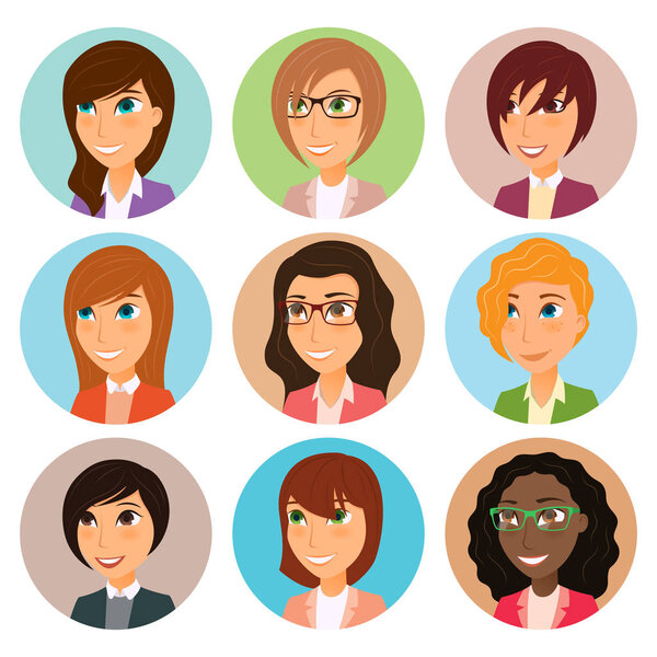 Collection of avatars of various young women characters.