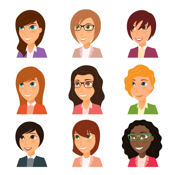 Collection of avatars of various young women characters. — Stock Vector