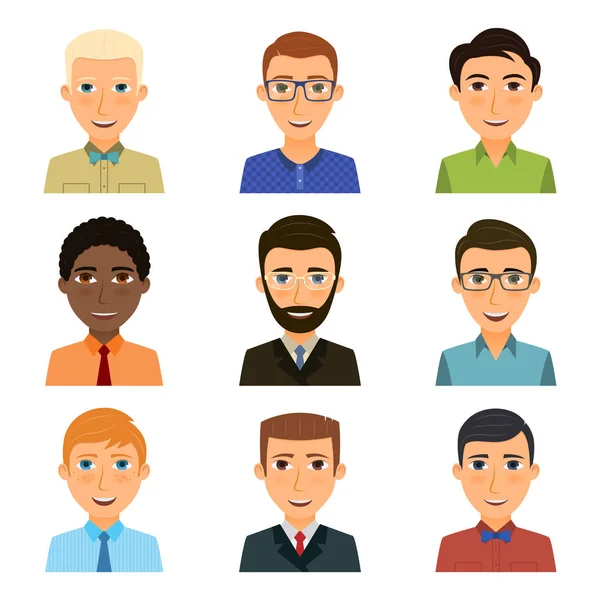 Collection of avatars of various young men characters. — Stock Vector