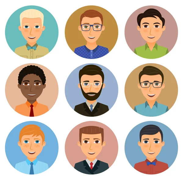 Collection of avatars of various young men characters. — Stock Vector