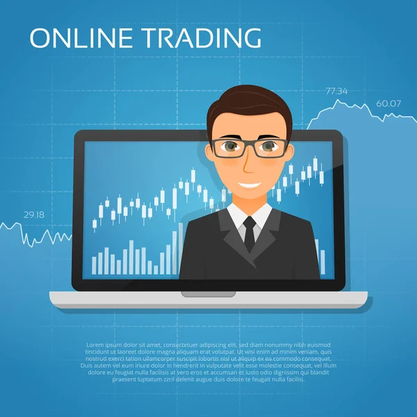 Trading concetto online con uomo d'affari sullo schermo del computer portatile — Vettoriale Stock