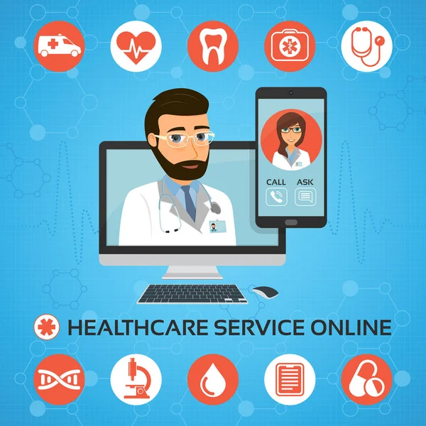 Serviço de saúde online. Conceito de consulta médica com médico masculino —  Vetores de Stock