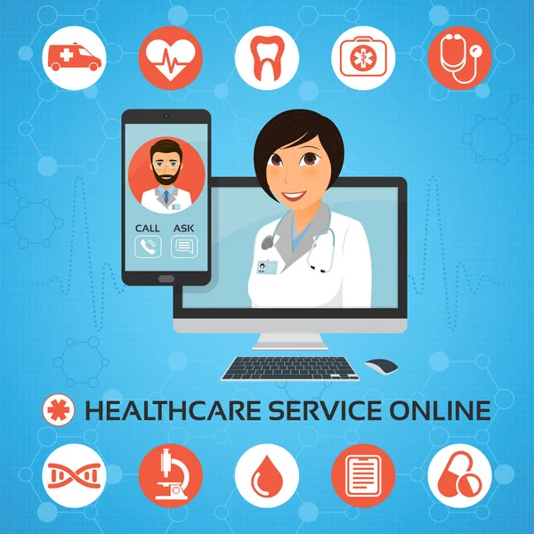 Serviço de saúde online. Conceito de consulta médica com médico masculino —  Vetores de Stock