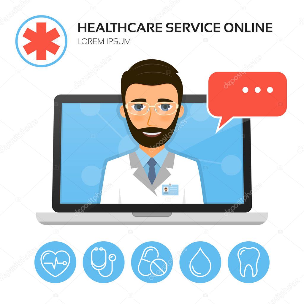 Healthcare service online. Medical consultation concept with male doctor