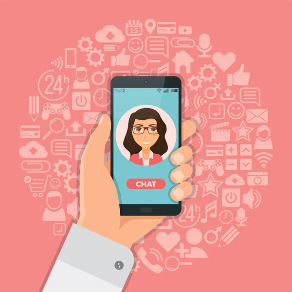 Hand with smartphone chat on background with social media icons — Stock Vector