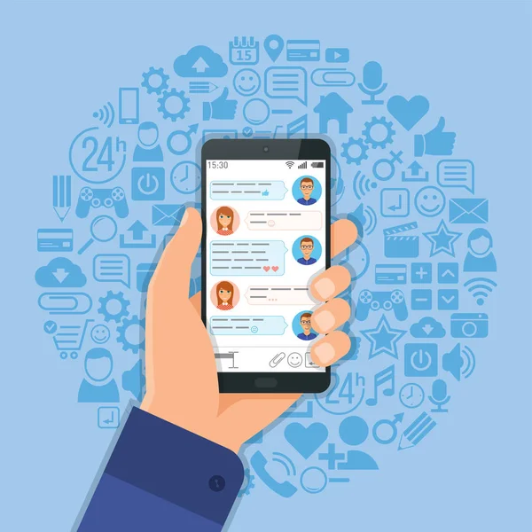 Mão com bate-papo smartphone em segundo plano com ícones de mídia social —  Vetores de Stock