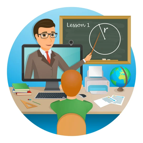 Distance education, learning. The student listens to the lecture — Stock Vector