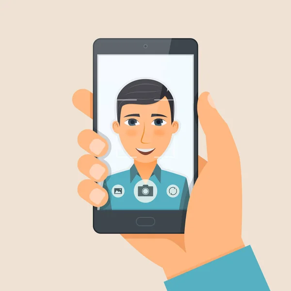 Handsome young man boy takes selfie using a smartphone. — Stock Vector