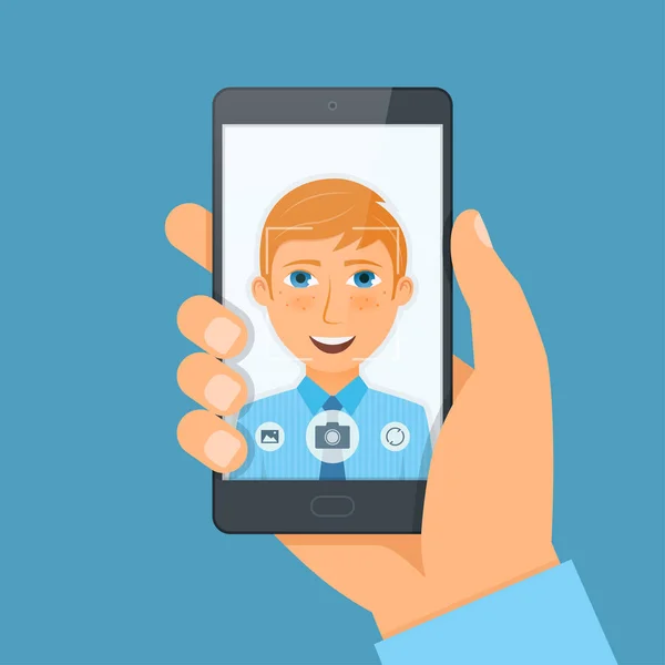 Handsome young man boy takes selfie using a smartphone. — Stock Vector
