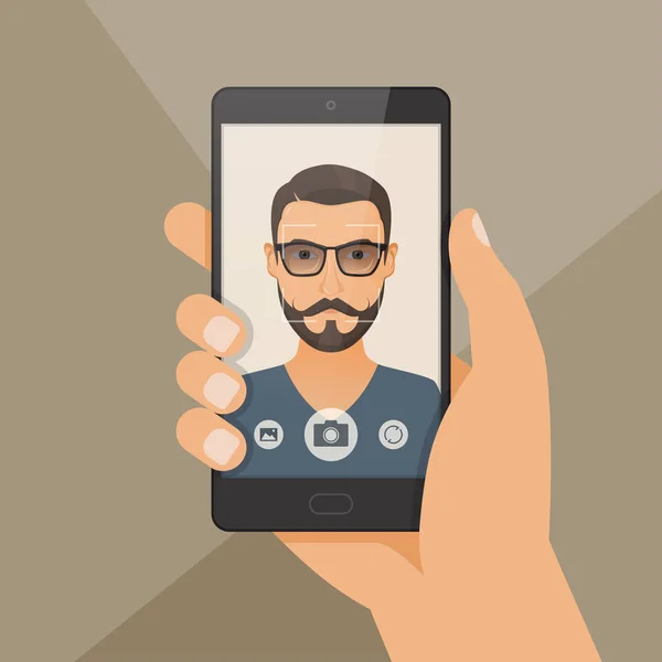 Bebaarde hipster jongeman neemt selfie met behulp van een smartphone. — Stockvector