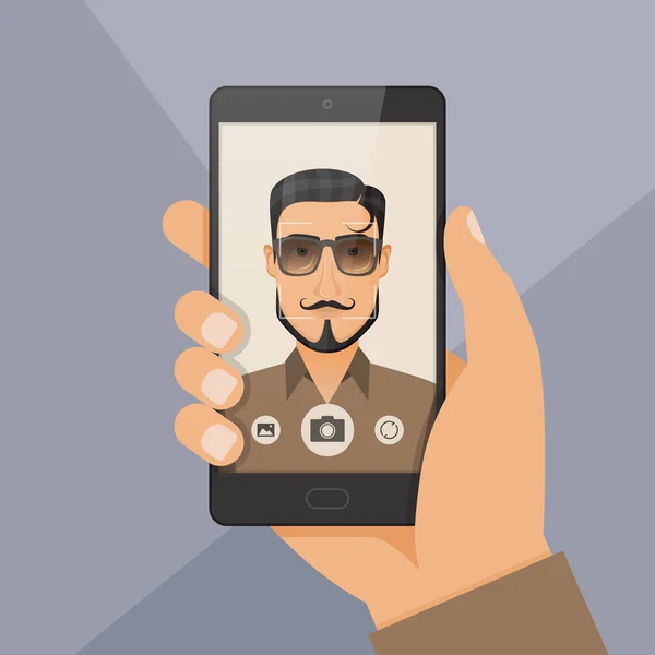 Bebaarde hipster jongeman neemt selfie met behulp van een smartphone. — Stockvector