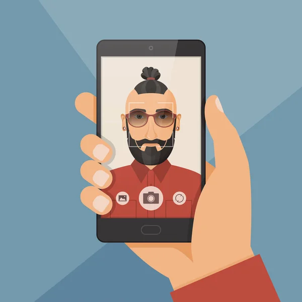 Hipster barbudo jovem leva selfie usando um smartphone . — Vetor de Stock