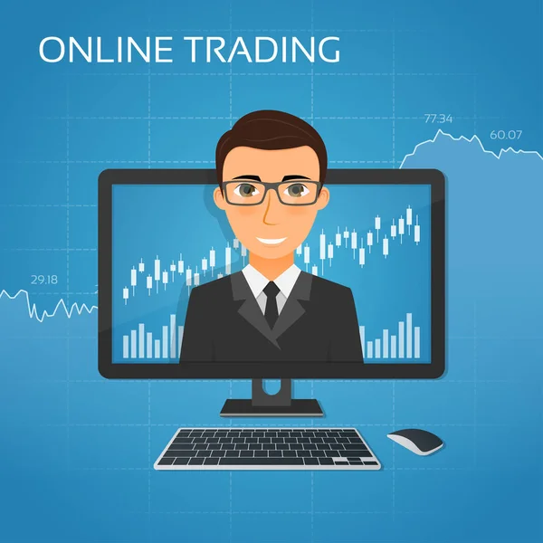 Trading concetto online con l'uomo d'affari sullo schermo del monitor . — Vettoriale Stock