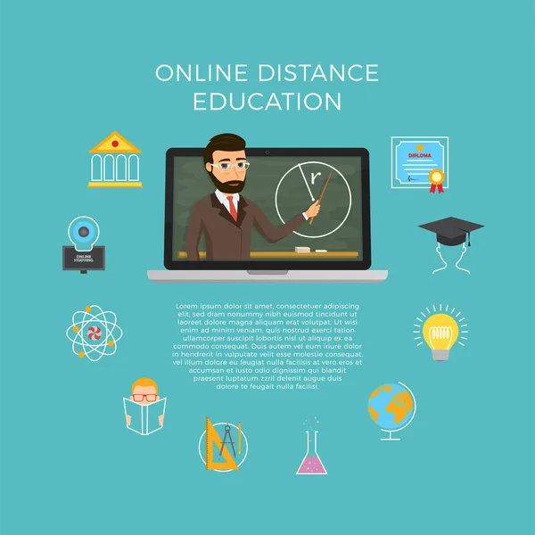 Educación a distancia, aprendizaje. El estudiante escucha la conferencia. — Archivo Imágenes Vectoriales