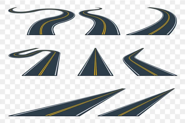 Set of curved asphalt road in perspective. Highway icons. — Stock Vector