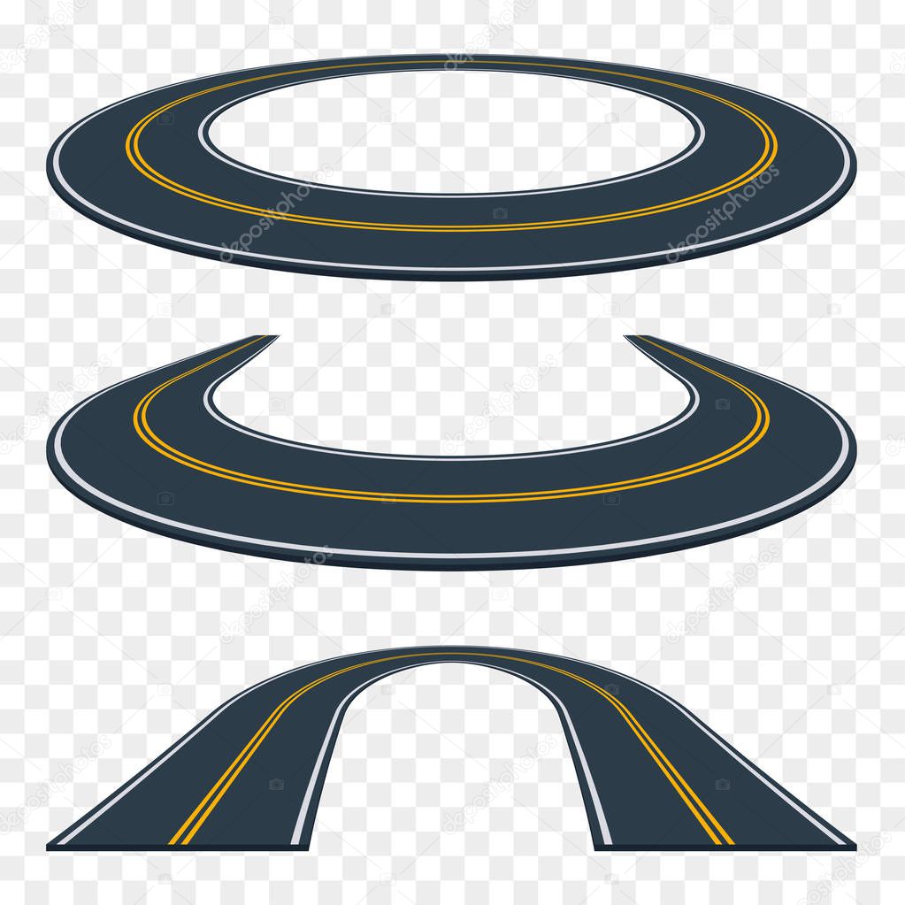 Set of curved asphalt road in perspective. Highway icons.