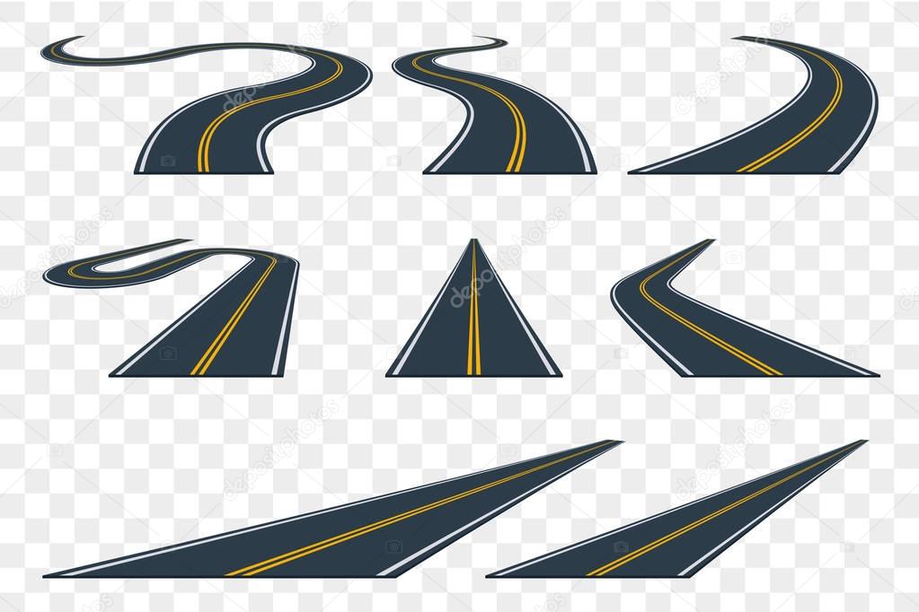 Set of curved asphalt road in perspective. Highway icons.