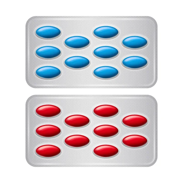 Conjunto de pílulas. Grupo de farmácia azul vermelho realista — Vetor de Stock