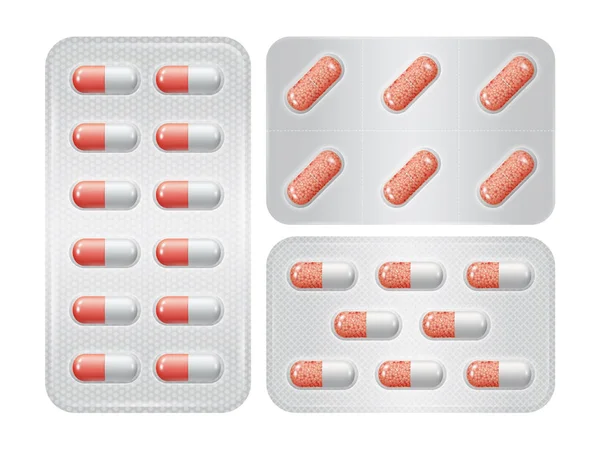 Set of package of pills. Group of realistic red pharmaceutical d — Stock Vector