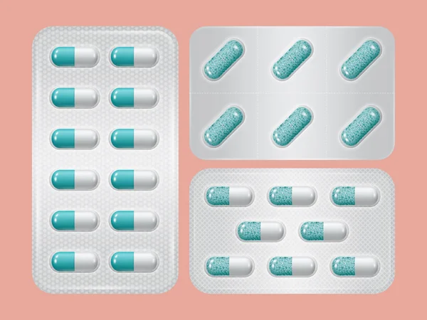 Set di pillole. Gruppo di realistici blu farmaceutici — Vettoriale Stock