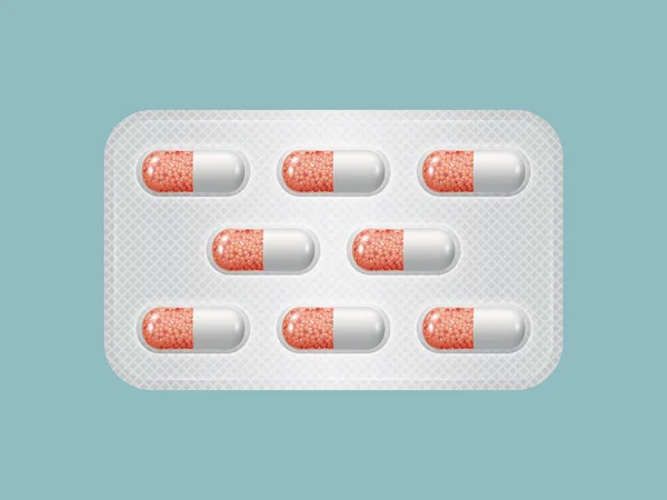 Paket med piller. Grupp av realistiska röd läkemedel. — Stock vektor