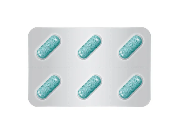 Package of pills. Group of realistic blue pharmaceutical drugs. — Stock Vector